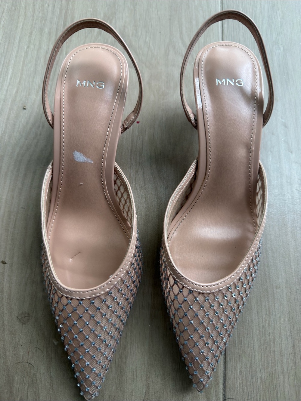 Mango Nude Blush Pointed-Toe Slingback kitten Heels with Rhinestone Mesh